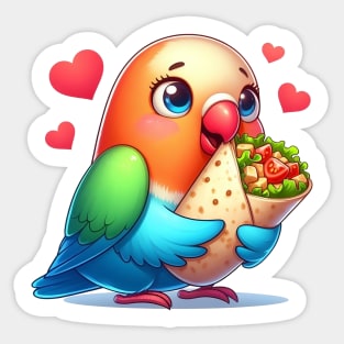 cute love birds are eating Mexican specialties, Tacos, Burritos, Enchiladas, Quesadillas, Guacamole, Fajitas, Chiles Rellenos, Tamales, Mole, Chilaquiles, Sticker